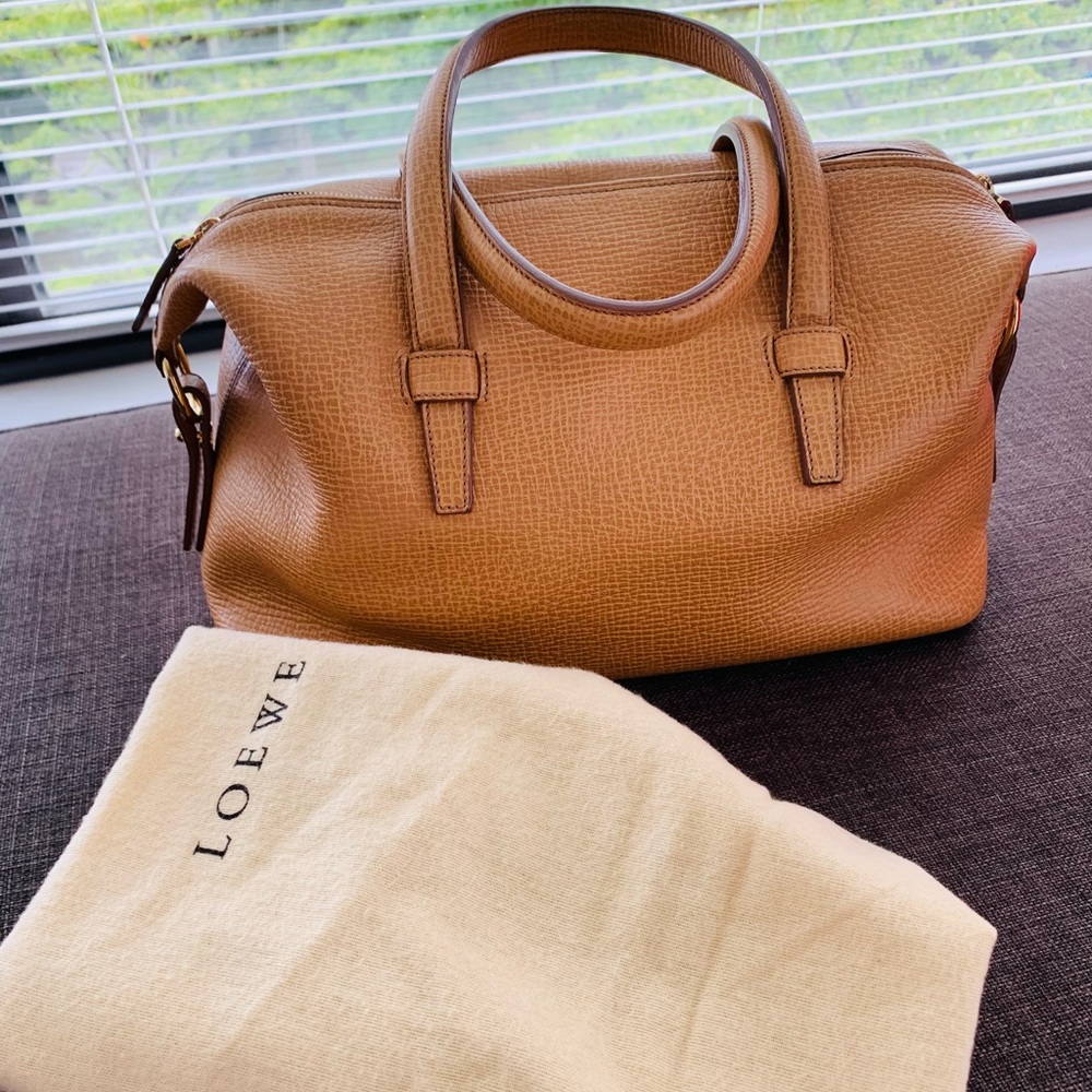 LOEWE Logo Embossed Leather Genuine Handbag Boston Bag Mini Tote
